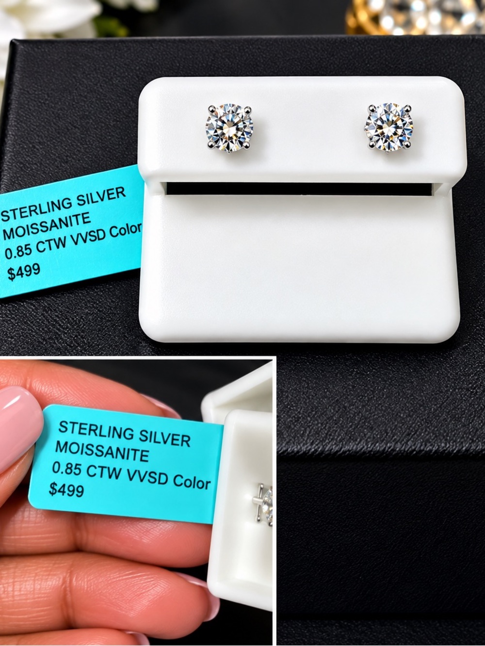 LIVE SHOW:  Sterling Silver 0.85 CTW Moissanite Stud Earrings - White